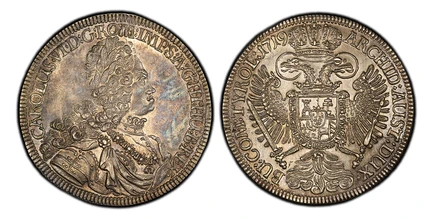 1087139 AUSTRIA. Karl (Charles) VI. 1719-A AR Thaler. PCGS MS62.  Hall. 28.63gm. CAROLUS · VI · D: G: ROM: IMP: S: A: G: HI: HU: B: REX ·. Legend begins at lower left / ARCHID: AUST: DUX · BU: COM: TYROL:. Legend divided by large crowned imperial ...