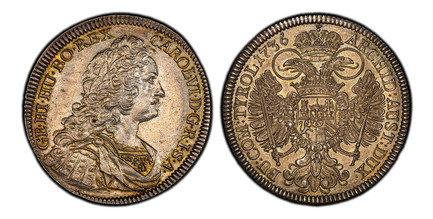 1087254 AUSTRIA. Karl (Charles) VI. 1736 AR Thaler. PCGS MS63.  Hall. CAROL · VI · D · G · R · I · S · A · GE · HI · HU · BO · REX ·. Mature bust right / ARCHID · AUST · DUX BU · COM · TYROL ·. Crowned imperial double eagle with crowned arms withi...