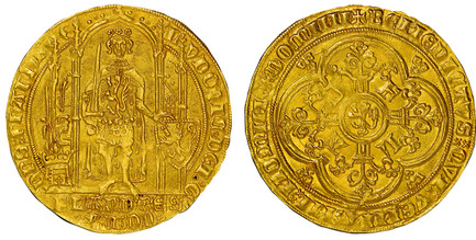 1087988 BELGIUM. Flanders Bruges. Louis II de Mâle. (Count, 1346-1384). (1346-84) AV Flandres d'Or  or Franc à Pied. NGC MS63.  Ghent or Mechelen. 4.15gm. Count standing before Gothic throne, a sword in his right hand and a shield with a lion supp...