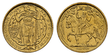 1076459 CZECHOSLOVAKIA. Republic. (1918-1939). 1929 AV Ducat. NGC MS64.  By J. Benda (Obv.) and O. Spaniel (Rev.). Kremnitz. [987](*). Full-length standing figure facing left, heraldic shield to left / Rider and horse advancing, left, one hoof ria...