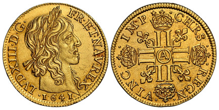 1086769 FRANCE. Louis XIII. 1641-A AV Louis d'Or. NGC UNC Details Cleaned.  Paris. Laureate head with long curl / · CHRS ·  · REGN ·  · VINC ·  · IMP · (star). Cruciform of crowned LL; a lis in each angle. KM 104; Fr.-410; Duplessy 1298;  Gad.-57....