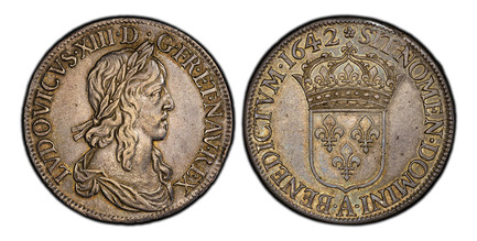 1087492 FRANCE. Louis XIII. (King, 1610-1643). 1642-A AR Ecu. PCGS AU53.  Paris. 39mm. 27.32gm. LVDOVICVS. XIII. D. G. FR. ET. NAV. REX. Bust with bare neck / SIT. NOMEN. DOMINI. BENEDICTVM. (date). Rose above crowned shield of arms. KM 120.1; Dup...