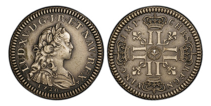 1087519 FRANCE. Louis XV. (Third Republic, 1871-1940). 1720 (c.1880) AR 1/3 Ecu, Essai de Fabrication. PCGS SP64.  24.5mm. 10.03gm. LUD. XV. D. G. FR. ET. NAV. REX. Laureate, draped and cuirassed bust Louis XV right, 1720 below / CHRS. - REGN. - V...
