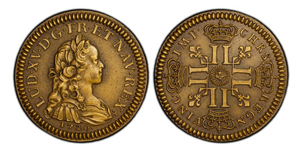 1087520 FRANCE. Louis XV. (Third Republic, 1871-1940). 1720 (c.1880) AE 1/3 Ecu, Essai de Fabrication. PCGS SP64.  24.5mm. 7.53gm. LUD. XV. D. G. FR. ET. NAV. REX. Laureate, draped and cuirassed bust Louis XV right, 1720 below / CHRS. - REGN. - VI...