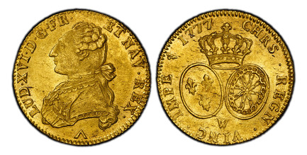 1087500 FRANCE. Louis XVI. (King, 1774-1792). 1777-W (p) AV 2 Louis d'Or. PCGS MS64.  Lille. 29mm. LUD · XVI · D · G · FR · ET NAV · REX ·. Uniformed bust left / CHRS · REGN · VINC · IMPER. Crowned arms of France and Navarre in ovals. KM 575.14; D...