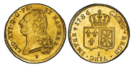 1083151 FRANCE. Louis XVI. 1786-I AV 2 Louis d'Or. PCGS MS63.  By DuVivier. Limoges. 15.19gm. LUD · XVI · D · G · FR · ET NAV · REX ·. Head left; signed on truncation / CHRS · REGN · VINC · IMP ... Crowned arms of France and Navarre in shields. KM...