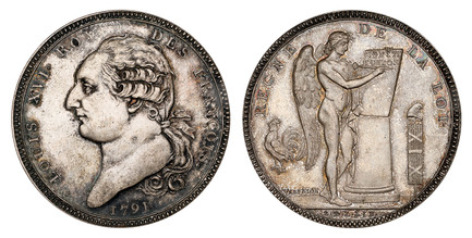 1087564 FRANCE. Constitution. (1791-1793). 1791. AR Pattern Constitutional Ecu. NGC MS64.  By F. Vasselon. Edge: Plain. LOUIS XVI • ROY – DES FRANCOIS •. Bust, left; date below / REGNE – DE LA LOT •. Standing Genius writing Constitution; rooster t...