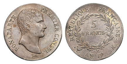 1087456 FRANCE. Napleon. (Premier Consul, 1799-1804). An 12 (1803)-K AR 5 Francs. NGC AU55.  By Pierre-Joseph Tiolier. Bordeaux. Edge: ★ DIEU PROTEGE LA FRANCE. BONAPARTE PREMIER CONSUL. Head right / REPUBLIQUE FRANCAISE. Denomination within wreat...