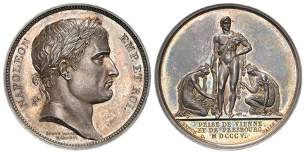 1085401 FRANCE. Napoleon I. 1806 AR Medal. NGC MS62.  By J. Droz & A. Galle. 40.4mm. 40.06gm. NAPOLEON EMP. ET. ROI. Laureate head right / The emperor as Hercules nude but draped with a lion's skin stands with a club between city goddesses kneelin...