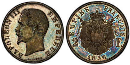 1087511 FRANCE. Napoleon III. (Emperor, 1842-1870). 1856 AR Pattern 2 Francs. PCGS SP64.  By L.C. Bouvet. Paris. Edge: Plain. 27mm. 10.31gm. NAPOLEON III EMPEREUR. Napoleon III, left; signed below truncation / EMPIRE FRANCAIS. Crowned and mantled ...
