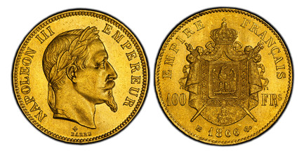 1087512 FRANCE. Napoleon III. (Emperor, 1842-1870). 1866-BB AV 100 Francs. PCGS MS64.  By Jean-Jacques Barre. Strasbourg. Edge: DIEU PROTEGE LA FRANCE. 35mm. 32.24gm. NAPOLEON III EMPEREUR. Laureate head right / EMPIRE FRANCAIS. Crowned and mantle...