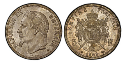 1087459 FRANCE. Napoleon III. (Emperor, 1842-1870). 1869-A AR 5 Francs. PCGS MS64.  By Désiré-Albert Barre. Paris. Edge: DIEU ★ PROTEGE ★ LA★ FRANCE ★★★★★. NAPOLEON III EMPEREUR. Laureate head left / EMPIRE FRANCAIS. Crowned and mantled arms divid...