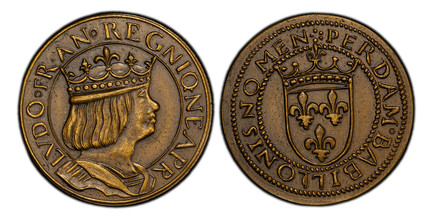 1087517 FRANCE. Louis XII. (King, 1498-1515). (c.1880) ND AE Fantasy Ducat. PCGS SP65.  25mm. 7.00gm. LVDO FR AN REGNI Q NEAPR. Crowned bust, right / PERDAM BABILLONIS NOMEN. Crowned shield. Mazard 2226; MdP-A5; cf. Fr.826 (Naples ducat in gold).
...