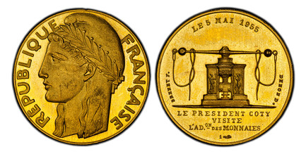 1087522 FRANCE. Fourth Republic. (1947-1958). 1955 AV Model or Pattern 20 francs. PCGS SP65.  By Dropsy (Unsigned). 22.5mm. 8.44gm. RÉPUBLIQUE - FRANÇAISE. Allegorical figure of the Republic, left wearing a Phyrigian (Liberty cap)  crowned with a ...