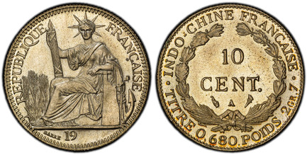 1087533 FRENCH INDO-CHINA. Third Republic. (1870-1940). 19(20)-A AR Essai 10 Centimes. PCGS SP67.  By Barre. Paris. 19mm. 2.69gm. REPUBLIQUE FRANÇAISE. Seated figure of the Republic with fasces; partial date and signed in exergue / INDO-CHINE FRAN...