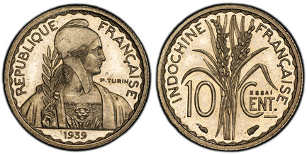 1087534 FRENCH INDO-CHINA. Third Republic. (1870-1940). 1939 Nickel Essai 10 Cents. PCGS SP66.  By Pierre Turin. Paris. Edge: Reeded. 18mm. REPUBLIQUE FRANCAISE. Allegorical bust of Republic, facing right, holding a laurel branch, date below / IND...