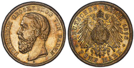 1087698 GERMAN STATES. Baden. Friedrich I. 1898-G AR 5 Mark. PCGS MS62.  Karlsruhe. FRIEDRICH GROSHERZOG VON BADEN. Head left / DEUTSCHES REICH date  FUNF MARK. Crowned imperial German eagle. KM 268; Jaeger 29.

Please use this link to verify the ...