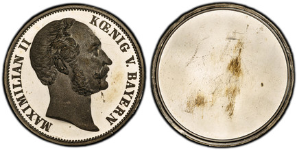 1087699 GERMAN STATES. Bavaria. Maximillian II. (1844) AR Uniface Thaler Obverse Trial Strike. PCGS PR64+DCAM (Deep Cameo).  Bust, left / (Blank). KM TS10; Kahnt-116b, Unlisted in Jaeger, Wittelsbach; AKS and Thun.

Please use this link to verify ...