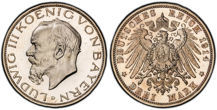 1087093 GERMAN STATES. Bavaria. Ludwig III. 1914-D AR 3 Mark. PCGS PR65 Cameo.  Munich. Edge: GOTT MIT UNS. Head left / Crowned imperial eagle, shield on breast. KM 1005. Proof; Jaeger 52.

Please use this link to verify the PCGS certification num...