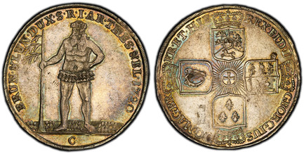 1086776 GERMAN STATES. Brunswick-Luneburg-Calenberg-Hannover. George Ludwig. 1720 C AR Thaler. PCGS MS62.  29.34gm. GEORGIUS - D · G · MAG · BR · - FR · ET · HIB · - REX · FID · D ·. Crowned shields in cruciform / BRUN · & · LUN · DUX · S · R · I ...