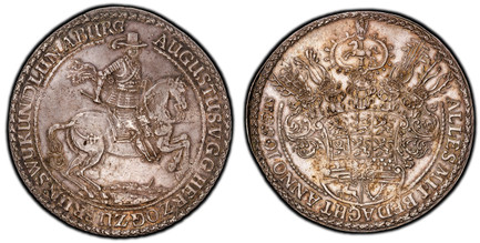 1087124 GERMAN STATES. Brunswick-Wolfenbuttel. August II. 1655 HS AR 1 1/2 Thaler. PCGS AU58.  Zellerfeld. 42.98gm. ALLES MIT BEDACHT ANNO 1655 H:S. Augustus, clad in armor, on horseback right / complex coat-of-arms garnished with five helmets bea...