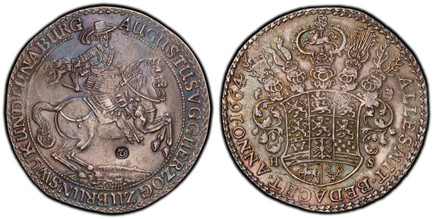 1087125 GERMAN STATES. Brunswick-Wolfenbuttel. August the Younger. (Duke 1635-1666). 1664-(s) H - S (Henning Schlüter) AR 2 Thaler. PCGS AU53.  Zellerfeld. 57.34gm. Duke mounted to right with plumed hat and fluttering cloak / Coat-of-arms surmount...