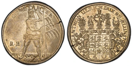 1087126 GERMAN STATES. Brunswick-Wolfenbuttel. Anton Ulrich. 1708 RB AR Thaler. PCGS AU55.  Zellerfeld. D: G: ANTHON. ULRICH DUX BR: & LU:. Helmeted complex arms with ornaments / CONSTANTER. Wildman with tree at right, R.B at left. KM 686.1; Dav.-...