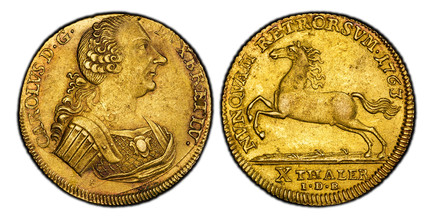 1087088 GERMAN STATES. Brunswick-Wolfenbuttel. Karl I. 1763 E/IDB AV 10 Thaler. PCGS AU58.  13.35gm. Armored bust right / Horse leaping left. KM 917; Fr.-713; Welter 2692.

Please use this link to verify the PCGS certification number <a href="http...