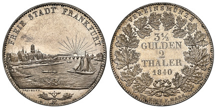 1087671 GERMAN STATES. Frankfurt Am Main. 1840 AR 2 Thaler, 3-1/2 Gulden. NGC MS64.  FREIE STADT FRANKFURT. City view / VEREINSMUNZE above, VII EINE F. MARK below, 3 1/2 GULDEN 2 THALER and date within wreath. Denomination within oak wreath. KM 32...
