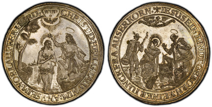 1087129 GERMAN STATES. Hamburg. (1635-1668) ND AR Presentation 1-1/2 Thaler. PCGS MS62 Mint Error.  By Matthias Freude (Mintmaster). 44.08gm. The Nativity of Christ; a shepherd wearing a hat and holding a basket in his right hand and a shepherd's ...