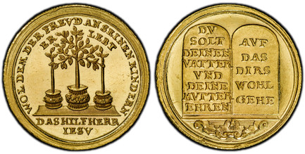 1087089 GERMAN STATES. Hamburg. (Undated) c.1701-1800 AV Medal of Ducat Weight. PCGS MS63PL (Prooflike).  21.99mm. 3.49gm. Larger tree planted in bucket stands between two smaller trees in buckets / Two panels, side by side, displaying the fourth ...