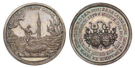1087556 GERMAN STATES. Hamburg. 1754 AR Medal or "Bürgermeisterpfennig". NGC MS65.  By Paul Heinrich Goedecke. 36mm. SARA CATHARINA LANGERMANNIA EX PAPIA GENTE NATA D5.APR.1717:// NVPTA D.12NOV.1733. PIE OB IIT RITZEB.D.23.NOV.1754. Crested family...