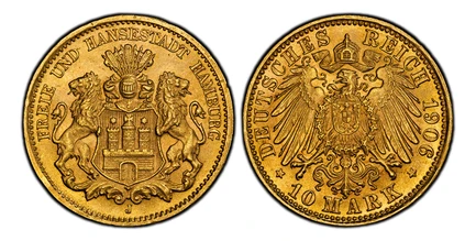 1087102 GERMAN STATES. Hamburg. 1906-J AV 10 Mark. PCGS MS67.  Hamburg. FREIE UND HANSESTADT HAMBURG. Helmeted arms with lion supporters / DEUTSCHES REICH. Crowned imperial eagle, type II. KM 608; Jaeger 211.

Please use this link to verify the PC...