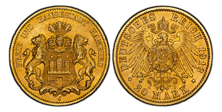 1087103 GERMAN STATES. Hamburg. 1913-J AV 20 Mark. PCGS MS66.  Hamburg. Edge: GOTT MIT UNS. FREIE UND HANSESTADT HAMBURG. Helmeted arms with lion supporters / DEUTSCHES REICH. Crowned imperial eagle, type III. KM 618; Jaeger 212.

Please use this ...