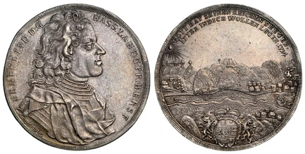 1085979 GERMAN STATES. Hesse-Darmstadt. Ernst Ludwig. 1714 BIB AR Thaler, Species. NGC AU53.  45.3mm. 29.58gm. ERNEST: LVD: D: G: - HASS: LANDG: PR: HERSF:. Armored draped bust, right, signed below shoulder / GOTT HAT SEINEN REICHEN SEEGEN / ITTER...