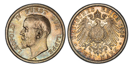 1088031 GERMAN STATES. Lippe-Detmold. Leopold IV. 1906-A AR 2 Mark. PCGS MS66.  Berlin. Edge: Reeded. Head left / Crowned imperial eagle, shield on breast. KM 270; Jaeger 78.

Please use this link to verify the PCGS certification number <a href="h...