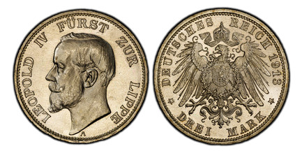 1086780 GERMAN STATES. Lippe-Detmold. Leopold IV. 1913-A AR 3 Mark. PCGS MS66.  Berlin. Edge: GOTT MIT UNS. Head left / Crowned imperial eagle, shield on breast. KM 275. Proof; Jaeger 79.

Please use this link to verify the PCGS certification numb...
