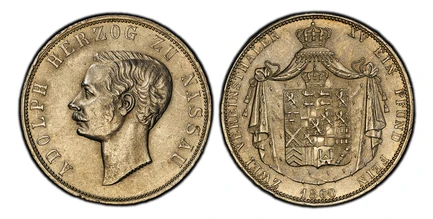 1086777 GERMAN STATES. Nassau. Adolph. 1860 AR 2 Thaler, 3-1/2 Gulden. PCGS MS61.  Wiesbaden. Edge: MÜNZVERTRAG VOM 24 JANUAR 1857 *. 37.02gm. ADOLPH HERZOG ZU NASSAU. Head to left, 'C.ZOLLMANN' on truncation / ZWEI VEREINSTHALER - XV EIN PFUND FE...