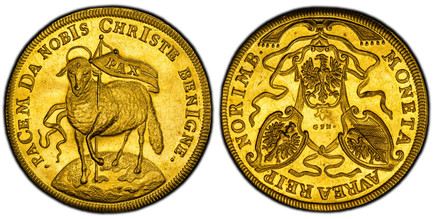 1087205 GERMAN STATES. Nürnberg. Leopold I. (Emperor, 1658–1705). MDCCIII (1703) G.F.N. (G. F. Nürnberger) AV 3 Ducat. PCGS MS61.  10.44gm. MONETA - AVREA REIP - NORIMB. Three shields of arms in ribbons / PACEM DA NOBIS CHRISTE BENIGNE., H. Facing...