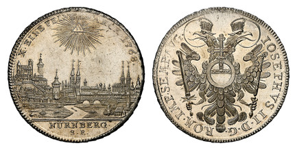 1087701 GERMAN STATES. Nürnberg. 1768 SR AR Thaler. NGC MS61PL (Prooflike).  X · EINE FEINE - MARCK · date. NURNBERG · / K · R ·. City view / IOSEPHVS II · D · G · - ROM · IMP · SEMP · AVG ·. Imperial orb on eagle's breast. KM 350; Dav.-2494.

Ple...