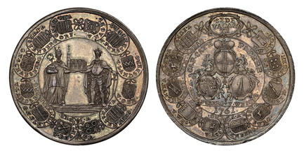 1087560 GERMAN STATES. Paderborn. Sede Vacante. 1761 (J. Chr. Hohleisen, mintmaster) AR Medal. NGC MS65.  By J. Thiebaud. Saint Liborius with a crosier and Charlemagne with a sword together holding a model of the cathedral, surrounded by the coats...