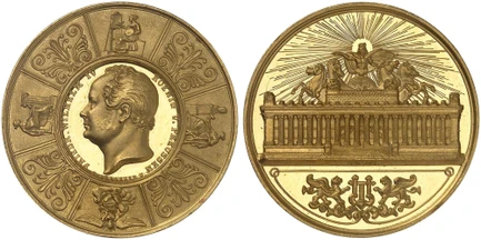 1088019 GERMAN STATES. Prussia. Friedrich Wilhelm IV. (King, 1840-1861). (1850-Dated) AV Medal of 10 Ducats Weight. NGC PR68UCAM (Ultra Cameo).  By Christoph Carl Pfeuffer. 31mm. 34.86gm. Bust, left surrounded by a broad relief band depicting alle...