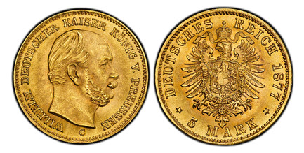 1087106 GERMAN STATES. Prussia. Wilhelm I. 1877-C AV 5 Mark. PCGS MS67.  Frankfurt am Main. WILHELM DEUTSCHER KAISER KONIG V. PREUSSEN. Head right / DEUTSCHES REICH date, 5 MARK below. Crowned imperial eagle. KM 507; Jaeger 244C.

Please use this ...