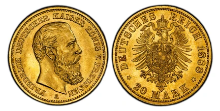 1087108 GERMAN STATES. Prussia. Friedrich III. 1888-A AV 20 Mark. PCGS MS66.  Berlin. Edge: GOTT MIT UNS. FRIEDRICH DEUTSCHER KAISER KONIG V. PREUSSEN. Head right / DEUTSCHES REICH date, 20 MARK below. Crowned imperial eagle. KM 515; Jaeger 248; F...