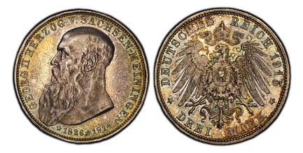 1087098 GERMAN STATES. Saxe-Meiningen. Bernhard III. 1915 AR 3 Mark. PCGS MS66.  Edge: GOTT MIT UNS. Head left, long beard / Crowned imperial eagle with shield on breast. KM 207; Jaeger 155.

Death of Georg II.

Please use this link to verify the ...