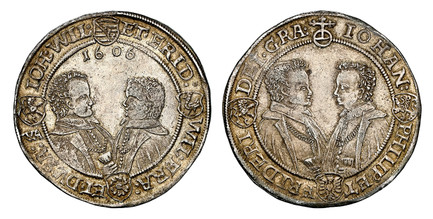1087705 GERMAN STATES. Saxe-Old-Altenburg. 4 Brothers. 1606 WA AR Thaler. NGC AU58.  Saalfeld. Facing busts / Two facing busts, date above. KM 3; Dav.-7361.

Currently the finest known at NGC as of June 2026

Please use this link to verify the NGC...