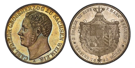 1087136 GERMAN STATES. Saxe-Weimar-Eisenach. Karl Friedrich. 1842-A AR 2 Thaler, 3-1/2 Gulden. PCGS MS63.  Berlin. Edge: GOTT UND RECHT. 37.10gm. CARL. FRIEDR. GROSSHERZOG ZU SACHSEN WEIM. EIS. Head to left / 2 THALER VII EINE - F. MARK 3 1/2 GULD...