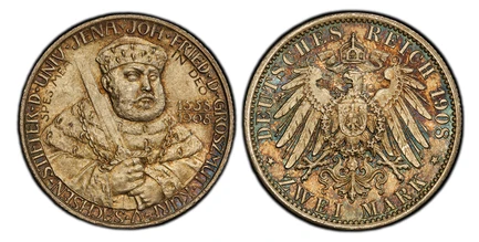 1086883 GERMAN STATES. Saxe-Weimar-Eisenach. Wilhelm Ernst. 1908 AR 2 Mark. PCGS MS67.  Berlin. Edge: Reeded. 28mm. 11.10gm. Johan Friedrich I the Magnanimous 3/4 right / Crowned imperial eagle with shield on breast. KM 219; Jaeger 160.

350th Ann...