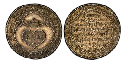 1087135 GERMAN STATES. Saxe-Weimar. Johann Ernst II (V). (Duke, 1662-1683). 1665 AR 1/2 Thaler. PCGS MS62.  Weimar. 14.58gm. 8-line inscription / Hands from clouds holding crown above heart inscribed JESUS. KM 92; Koppe 377.

Upon the death and in...