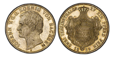 1086778 GERMAN STATES. Saxony-Albertine. Johann. 1859 F AR 2 Thaler, 3-1/2 Gulden. PCGS MS62.  37.07gm. IOHANN V. G. G. KOENIG VON SACHSEN. Head left / ZWEI VEREINSTHALER XV EIN PFUND FEIN. Crowned arched arms within crowned mantle. KM 1195; Dav.-...